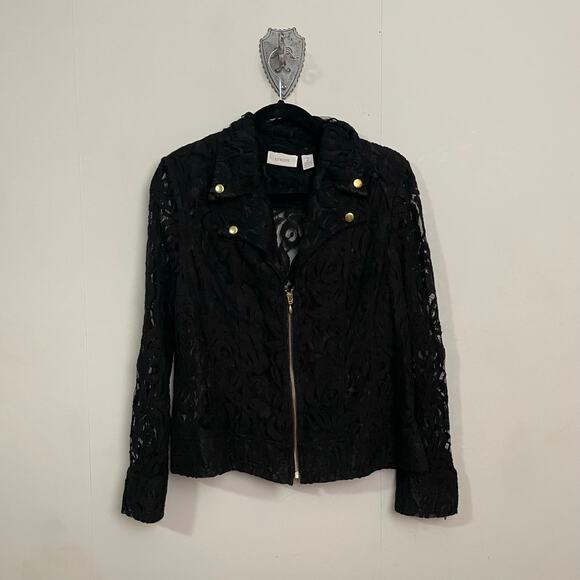 Chico’s 2 black gold lace sheer long sleeve jacket dark boho Corpcore floral - Picture 1 of 8
